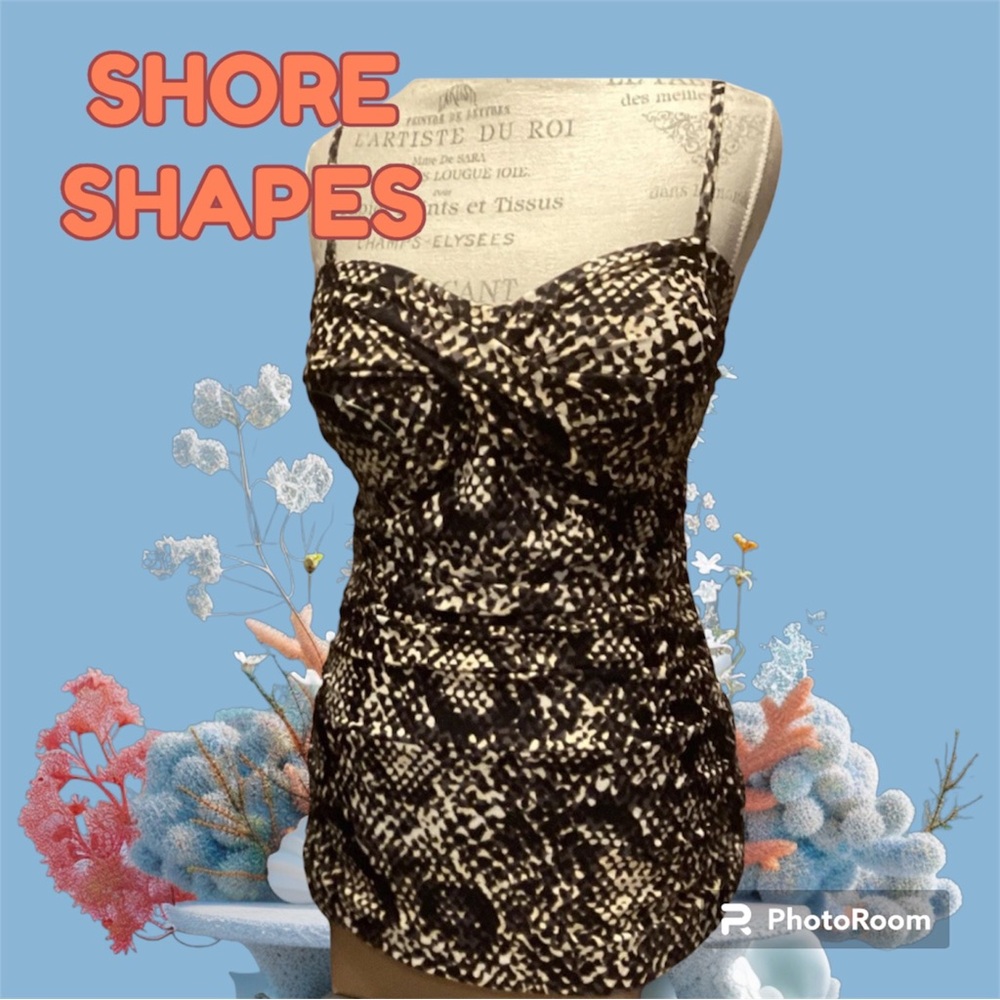 Women’s Shore Shapes Swim Dress Sz 14 BathingSuit Snake Pattern Black Tan Gray